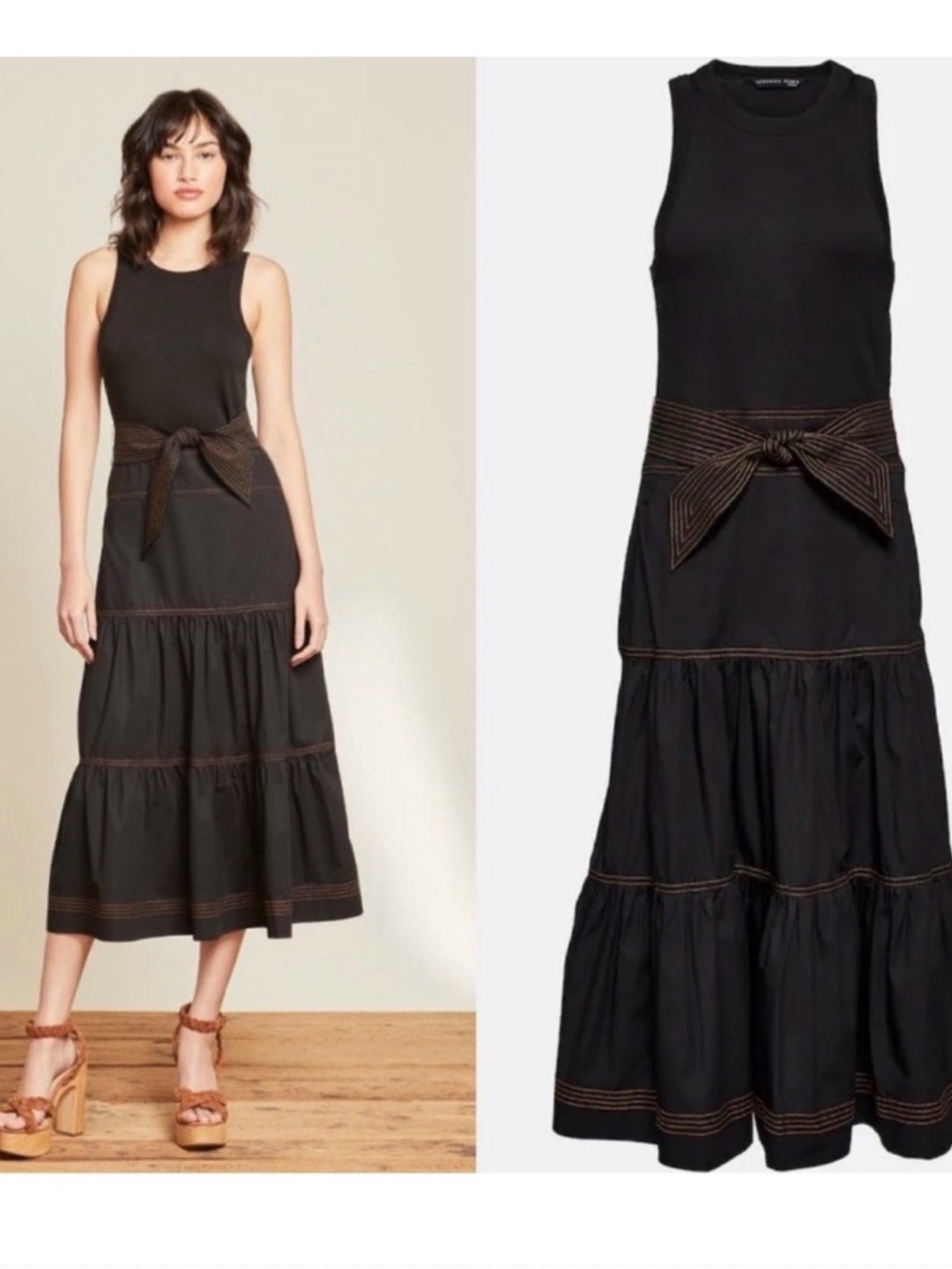 TAHARI SLEEVELESS TIERED MIDI DRESS WITH WAIST TIE SIZE L  EXCELLENT CONDITION